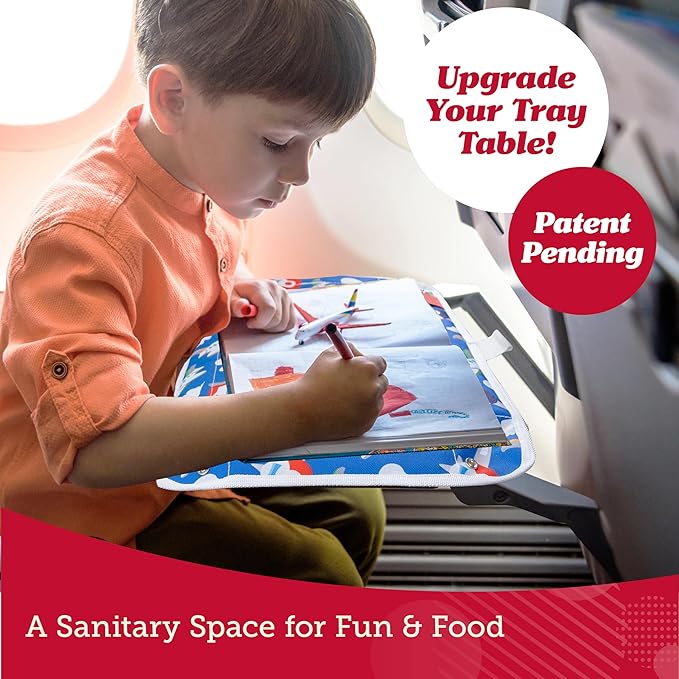 Lusso Gear Kids Airplane Tray Cover with Pockets - Airplane Essentials for Toddlers - Kids Travel Tray for Plane or Train - Organize Toys, Snacks - Tablet Holder - Flying Must Have (Airplanes Pattern)