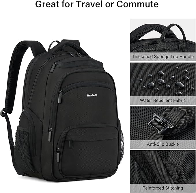 Hanke College Laptop Backpack Multi-Pocket, 18-Inch Large Travel Backpack for Men Women, Water Resistant College Bookbag for 15.6 Inch Laptop, Casual Daily Personal Item Size Airline Approved,Black