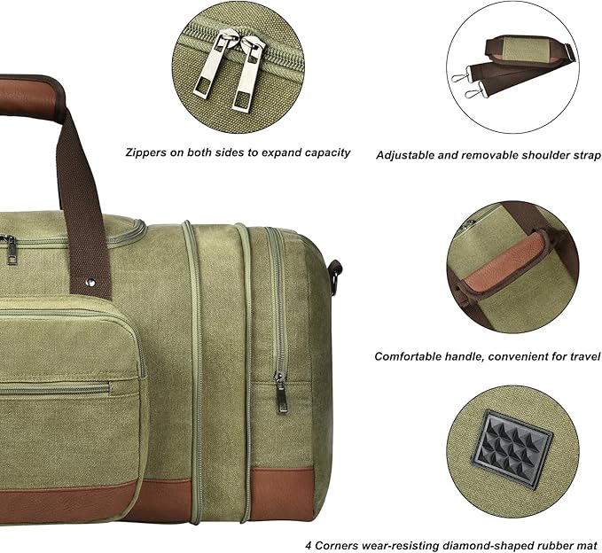Litvyak Duffle Bag for Travel, Large 60L Canvas Travel Duffel Bags Overnight Weekend Gym Carry On Luggage Bag for Men & Women(Army Green)