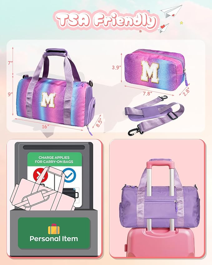 6 7 8 9 10 Year Old Girls Birthday Gift-Girl Gym Bag with Shoe Compartment, Kid Personalized Weekender Overnight Bags, Initial Travel Tote with Makeup Pouch, Easter Gifts for Teen (Letter Q)