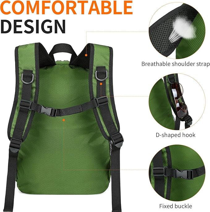 Small Hiking Daypack,15L Water-Resistant Hiking Backpack Packable Lightweight Travel Day Pack for Women Men (Green, Small)