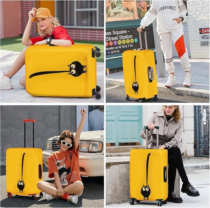 ANNA QUEEN Cute Black Cat Luggage Cover, Whimsical Cat Design with Long Tail, Stretchable, Washable Travel Protector for 24-26 Inch Luggage