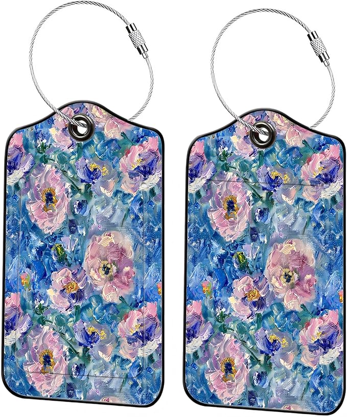 Luggage Tags for Suitcases, 2-Pack PU Leather for Cruise & Travel, Baggage ID Tags with Privacy Cover & Address Card, Durable Metal Ring, Kids Adults Travel Accessories, Blue Hued Impasto