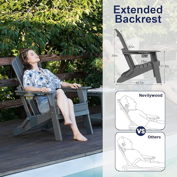 Folding Adirondack Chair - Extended Ergonomic Backrest, Cup Holder - Easy Assembly - Durable HDPE Plastic, Weather Resistant & Maintenance-Free - Lawn, Patio, Deck Supports 380lbs Teak