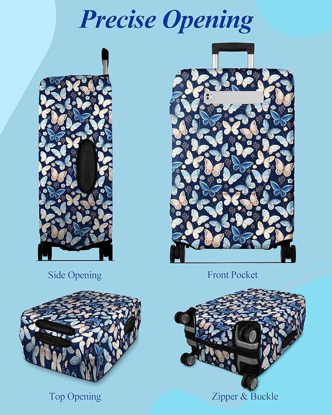 Slohif Luggage Cover for Suitcase Tsa Approved Protector - Luggage Sleeve Large Suit Case Cover Travel Stretch Baggage Case Protective Washable Fit 21-23 Inch Blue Butterfly S