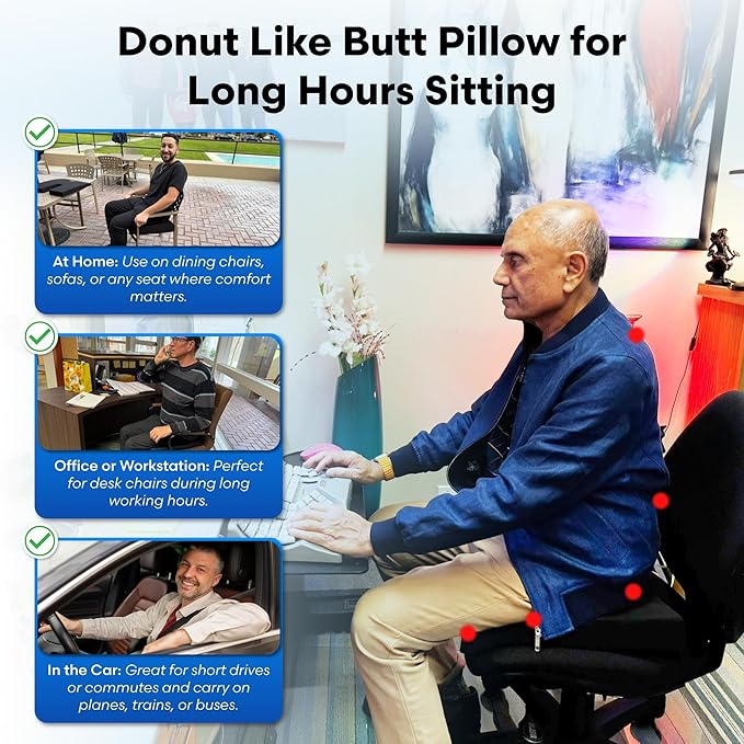 LiquiCell Coccyx Seat Cushion, Aid for Tailbone Pain Relief, Sciatica Pain, Back Support | Donut Like Butt Pillow for Long Hours Sitting at Home/Office Chair (17.5" W x 15.5" L x 2" H)