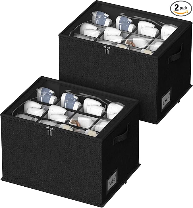 2 Pack Shoe Organizer for Closet - Shoe Storage Bins with Clear Cover, Fabric Shoe Storage Containers with Reinforced Handles, Fits up to 24 Pairs (Black, 16.5 * 12.6 * 12.2in)