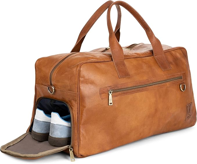 Berliner Bags Vintage Genuine Leather Duffle Austin XL for Travel or the Gym, Weekender Bag with Shoe Compartment, Overnight Bag for Men and Women - Brown
