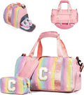 Gifts for 3 4 5 6 7 8 9 Year Old Girls-Girl Gym Bag with Shoe Compartment, Kid Personalized Weekender Overnight Bags, Initial Travel Tote with Makeup Pouch, Easter Gift for Teen (Letter C)