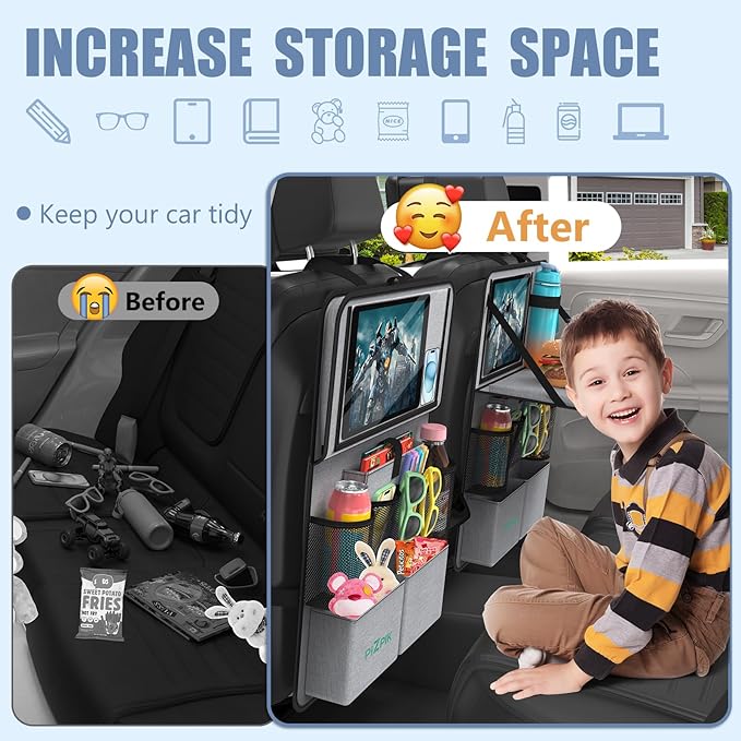 Car Backseat Organizer with Tablet Holder,11 Storage Pockets with Foldable Food Tray, Protector Kick Mats for Kids, Travel Accessories Organizer (Gray, 2Pack)