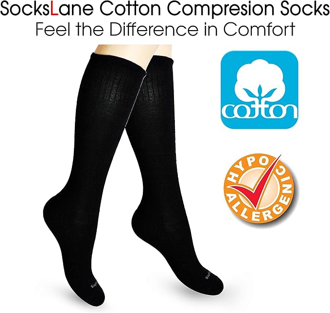 Cotton Compression Socks for Women & Men. 15-20 mmHg Support Knee-High Black X/L