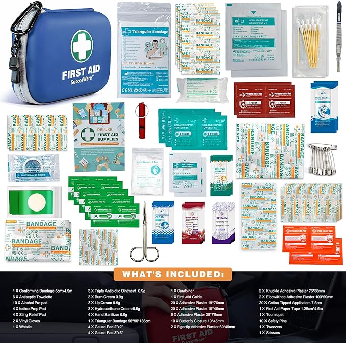 150 Pieces Mini First Aid Kit - Small Medical Kit with Hard Shell - Emergency First Aid Kit for Car, Travel, Home, Outdoor, Office, Camping, Hiking (Blue)