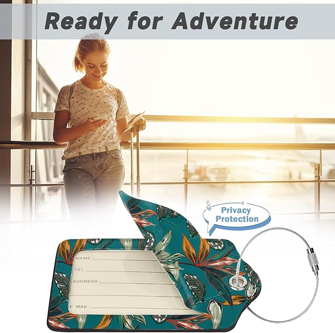 2 Pack Luggage Tags for Suitcases Retro Tropical Plants Luggage Tag, Leather Stainless Steel Loop Label Tag for Men Women Travel Bag Suitcase