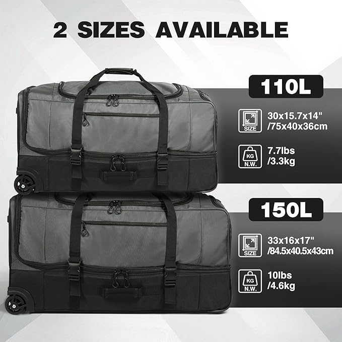 REDCAMP Large Rolling Duffle Bag with Wheels and Handle, 33-Inch Durable Heavy Duty Wheeled Travel Duffel Luggage, 2 Layers of Space