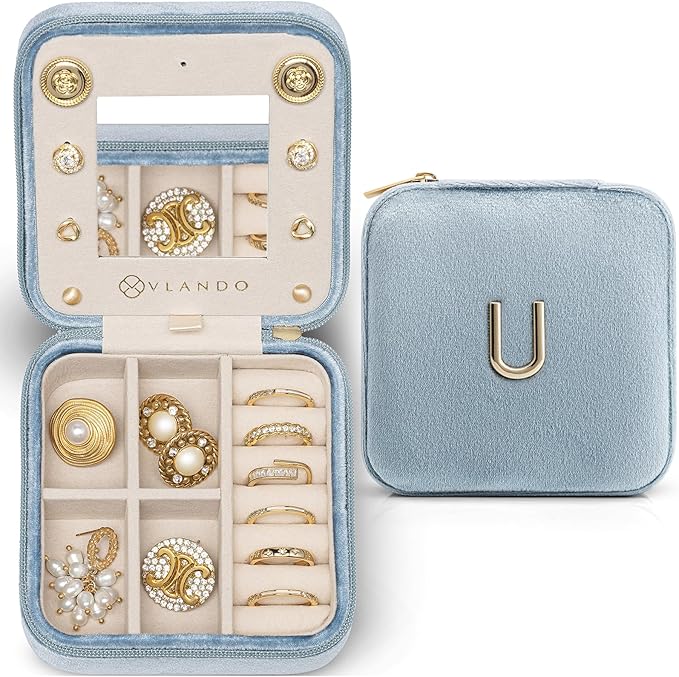 Vlando Mom Gifts for Women, Travel Jewelry Case for Mother Gifts, Travel Gifts for Mother Mom from Daughters, Travel Essentials Small Jewelry Box, Jewelry Travel Organizer - Letter U, Navy Blue
