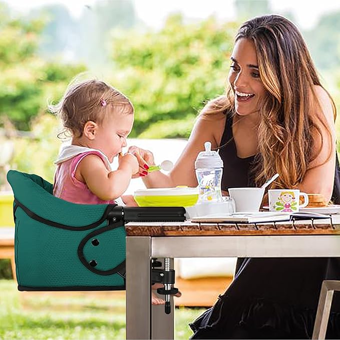 Hook On Chair, Safe and High Load Design, Fold-Flat Storage and Tight Fixing Clip on Table High Chair, Removable Seat Cushion, Attach to Fast Table Chair (Dark Green)