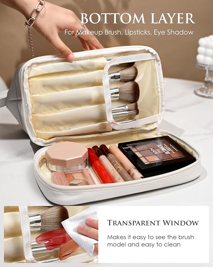 Initial Makeup Bag, Women Gifts, Personalized Double Layer Cosmetic Bag with Makeup Brush Organizer, Waterproof, Large Capacity PU Leather Travel Toiletry Bag Gifts for Friends Female Mom