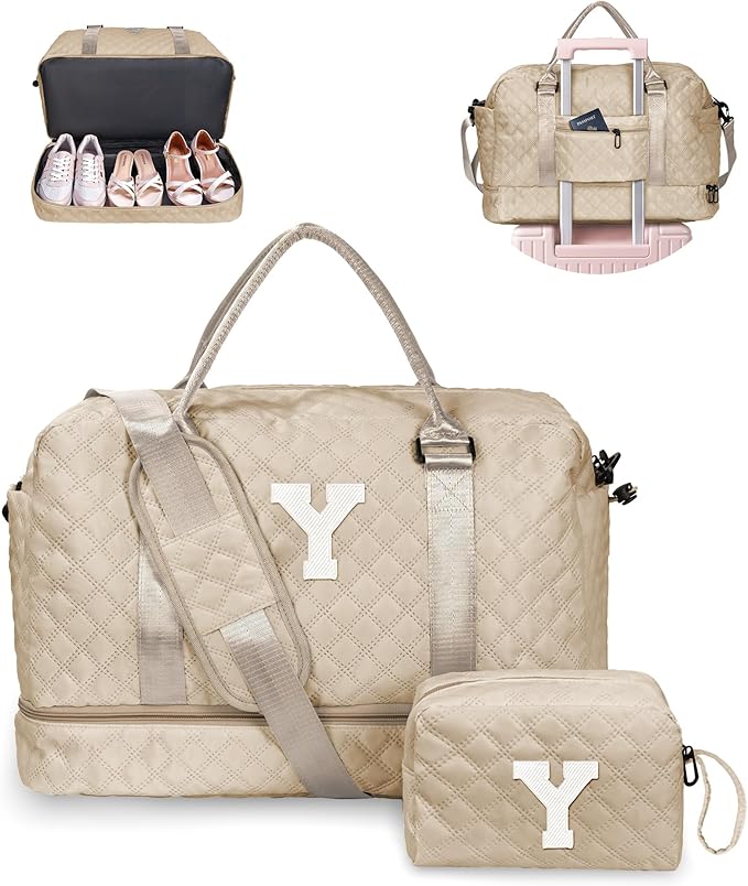 Women Group Gift Ideas, Gifts for Women-Kids Travel Bags with Shoe Compartment, Personalized Weekender Bag, Monogram Overnight Bag for Women, Letter Travel Bag with Makeup Bag (Letter Y)