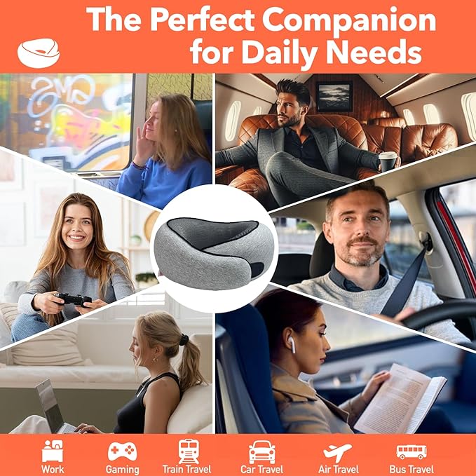 Travel Pillow | High-Density Memory Foam Pillow with 360° Surround Support. Ergonomically Designed. Ideal for Airplane Travel and Home Use.