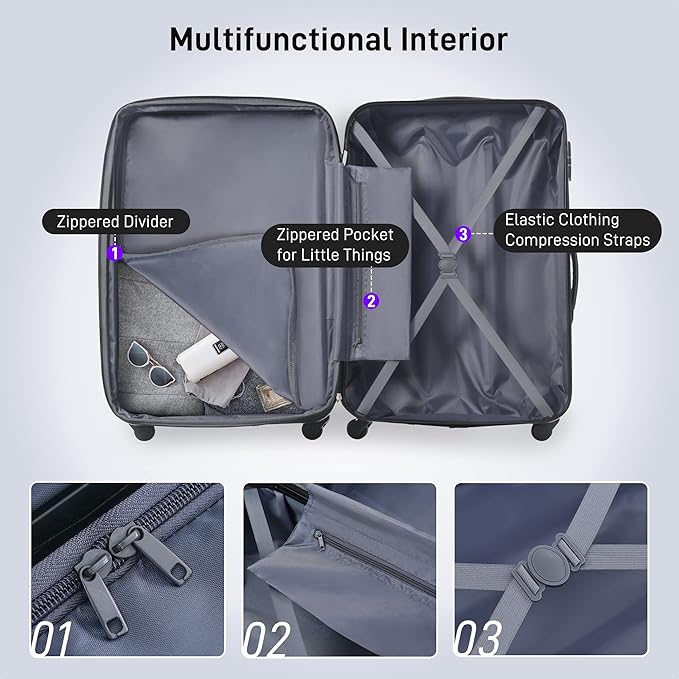 Merax Luggage Sets of 3 Piece Carry on Suitcase Airline Approved, 20/24/28 IN Hard Case Expandable Spinner Wheels (Purple)