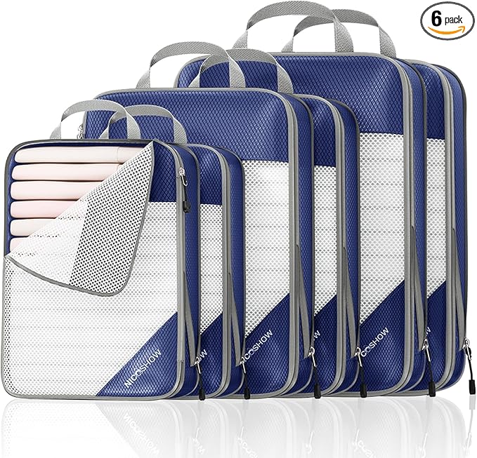 6 Set Compression Packing Cubes for Travel - Compressible, Lightweight, and Space-Saving Packing Cubes, Travel Essentials for Women, Navy