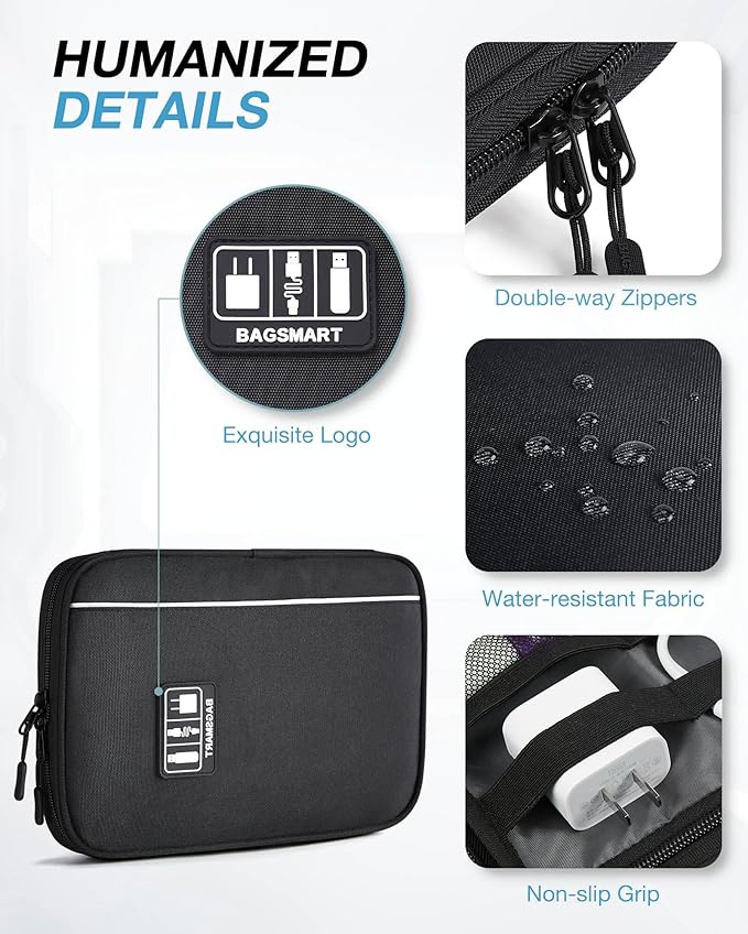 BAGSMART Electronics Travel Organizer Case, Tech Accessories Cord Storage Bag for Phone, Power Bank, SD Card, Cables, Black