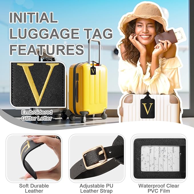 Personalized Initial Luggage Tags for Suitcase TSA Approved, Black Leather Cute Luggage Tag with Privacy Cover Name Card, Embroidered Custom Luggage Tags Travel Backpack Tags Gifts for Women Kids(V)