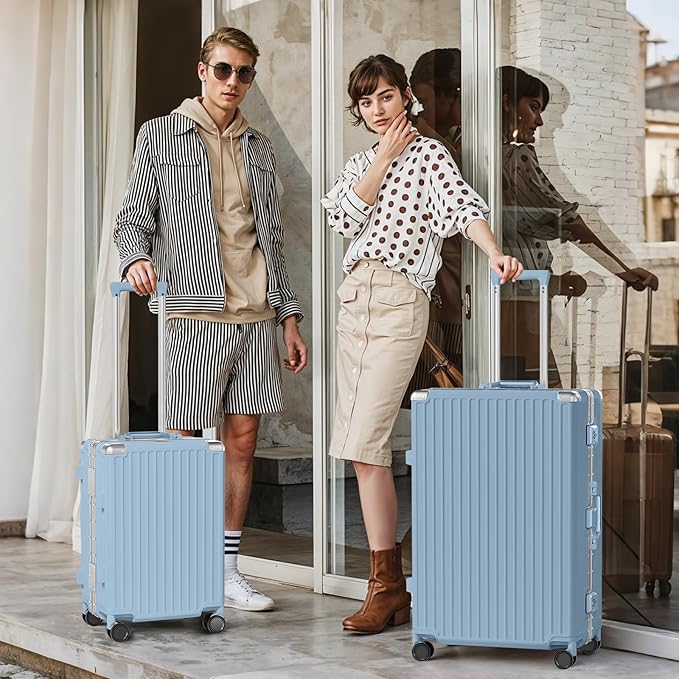 AnyZip Luggage Sets 2 Piece Aluminum Frame Carry On and Checked Suitcase PC ABS Hard Shell TSA Lock No Zipper(Hazeblue, 20/28)
