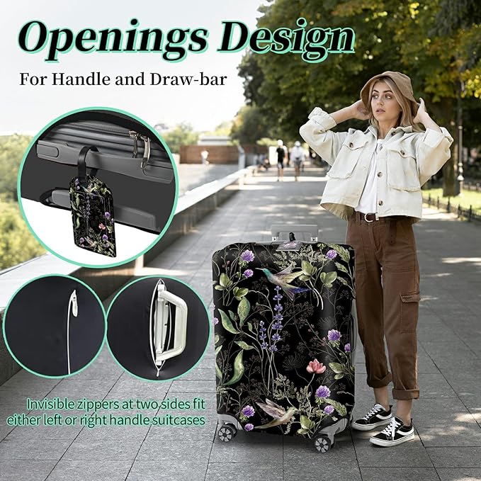 Luggage Cover Suitcase Protector + Luggage Tag, Wild Flowers Hummingbird Travel Suitcase Cover for 22-24 inch Luggage (M) with Concealed Zipper Washable Elastic Cloth Dustproof Anti-Scratch