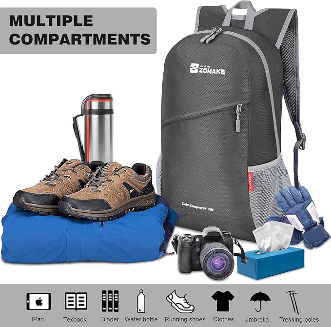 ZOMAKE Lightweight Packable Backpack 20L, Foldable Backpacks Small Daypack for Hiking Water Resistant Day Bag for Travel