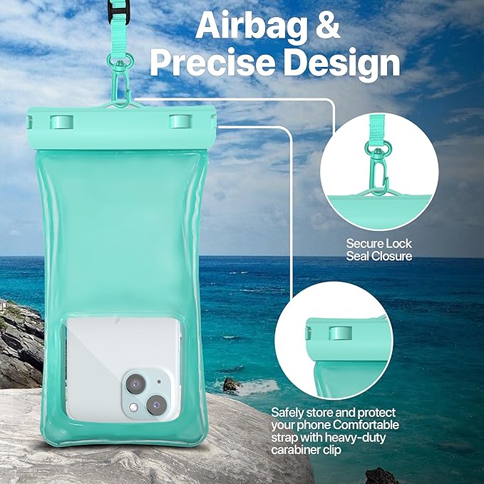 NEPHI IP68 Waterproof Phone Pouch 2 Pack-Up to 8.0"，Adjustable Neck Lanyard Floating Waterproof Phone Case for iPhone,Phone Dry Bags for Vacation Beach Pool Travel Essentials (Aqua Green 2 Pack)