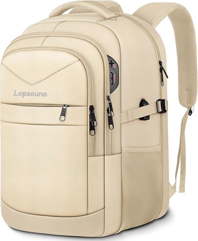 Lapsouno Extra Large Backpack, Laptop Backpack, Carry on Backpack, Sturdy 17 Inch TSA Friendly with USB Port, College School Bag Gifts for Men Women, Light Yellow