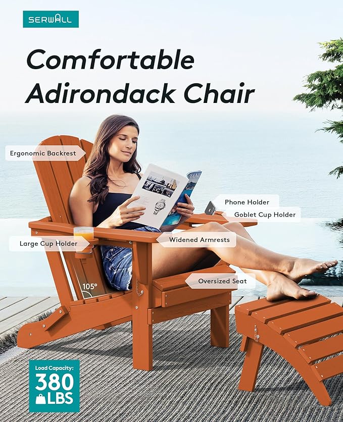 SERWALL Adirondack Chair with Cup Holders - Composite Adirondack Chairs Set of 6 HDPE Outdoor Chairs All Weather Use- Orange
