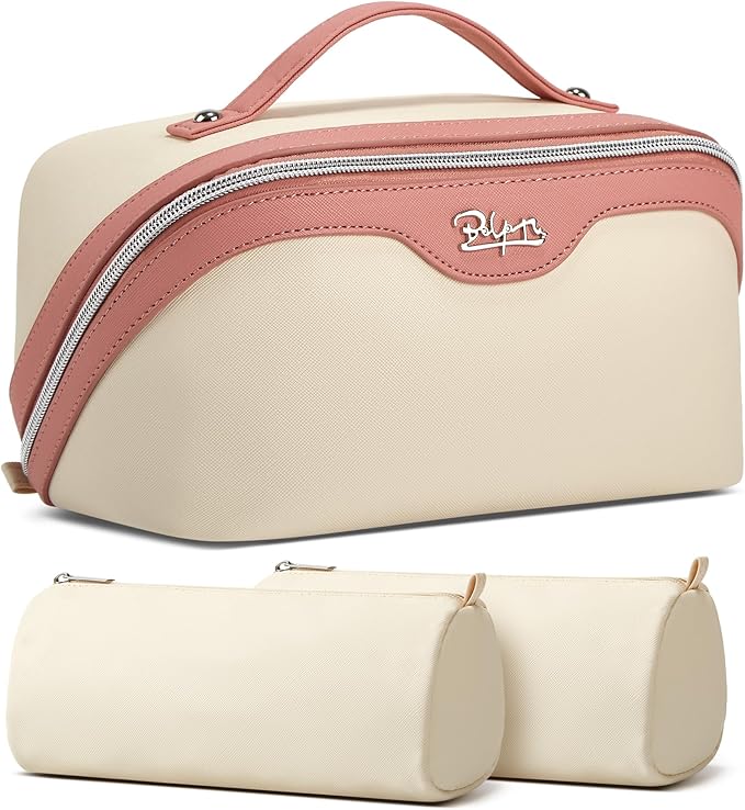 BOYATU Travel Makeup Bag Organizer Cosmetic Bag: 3 Pcs Set Make up Bags for Women with Handle - Waterproof Vegan Leather Toiletry Bags with Comparments (D-02-White)