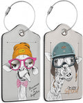 Funny Giraffe 2 Pack Luggage Tag for Suitcase, Cute Unique Leather Bag Tags Identifiers Privacy Cover ID Label with Durable Steel Loop for Women Men Kids Girls Travel