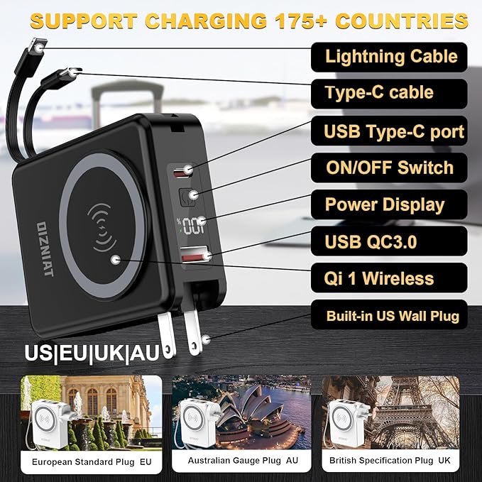 10000mAh Portable Charger Power Bank for magsafe, 22.5W Fast Charging Wall Plug Power Bank for iPhone Andriod Sumsung 5 in 1 Travel Wireless Charger Built in USB C Lightning Cables-B