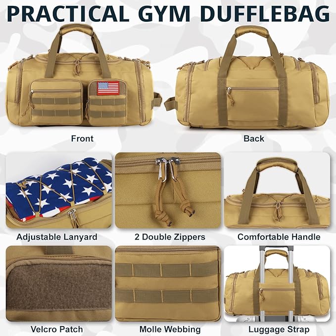 Tactical Gym Bag for Men，70L Large 3 in 1 Sports Duffle Bag with Shoes Compartment for Travel,Water Resistant Travel Backpack Weekender Overnight Bag with Wet Pocket for Women