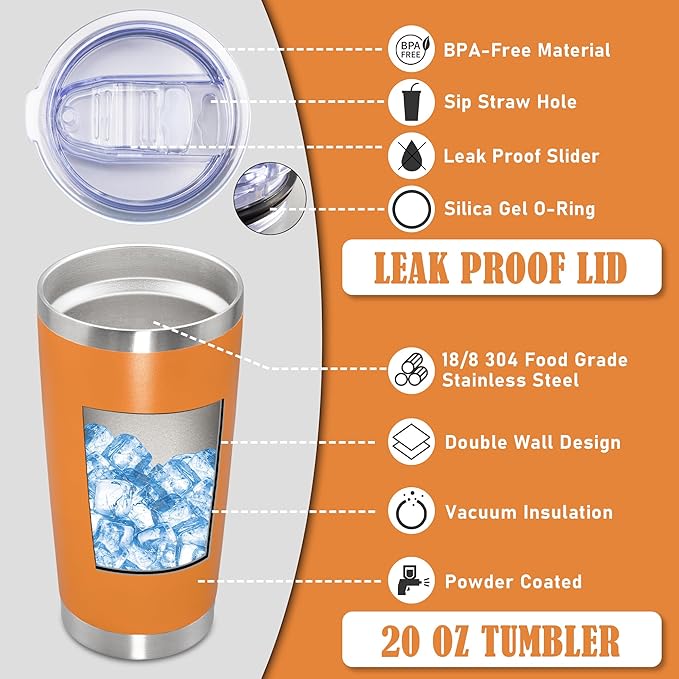 20 oz Tumbler Coffee Tavel Tumblers Bulk with Lid Stainless Steel Double Wall Vacuum Insulated Mug Powder Coated Cups fit Car Cupholder for Hot and Cold - Orange, 12Pack