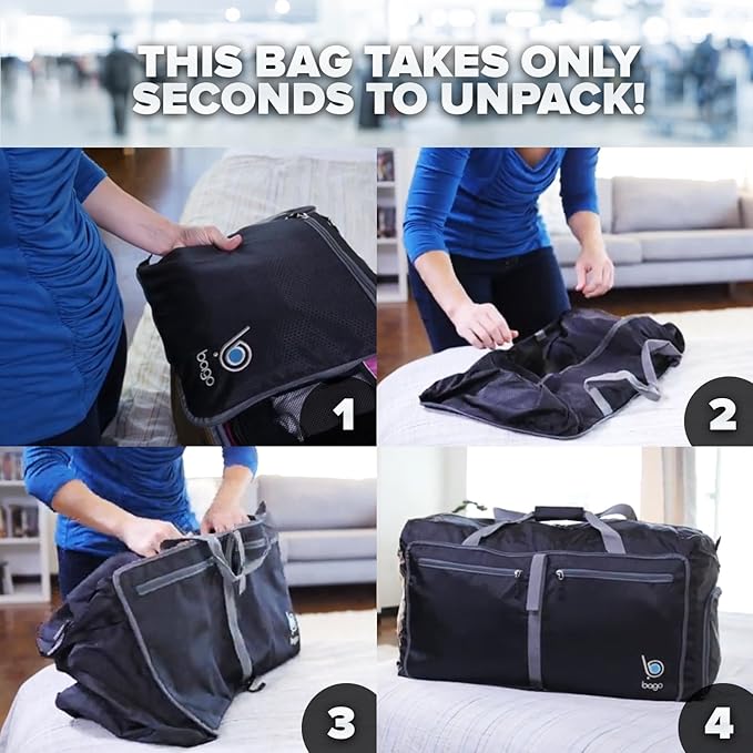 Bago Large Foldable Duffel Bags for Traveling Women & Men - 100L Packable Duffle Bag for Travel with Shoe Compartment - Water Repellant, Heavy Duty, Lightweight Folding & Collapsible (SnowDepPurple)