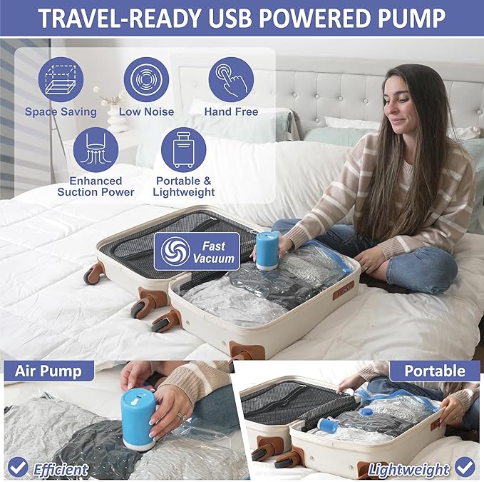 Cozy Essential 15 Pack Travel Vacuum Storage Bags with Portable Electric Pump, Suitase Vacuum Seal Space Saver Bags for Clothing and Luggage Compression