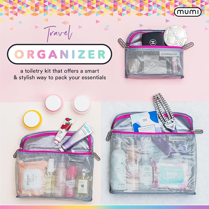 MUMI Travel Toiletry Bag Set of 3 – Clear TSA Approved Toiletry Bags for Women – Reusable Water-Resistant Makeup Organizer Pouches for Skincare, Cosmetics, Travel Accessories, Airport Packing - Blue
