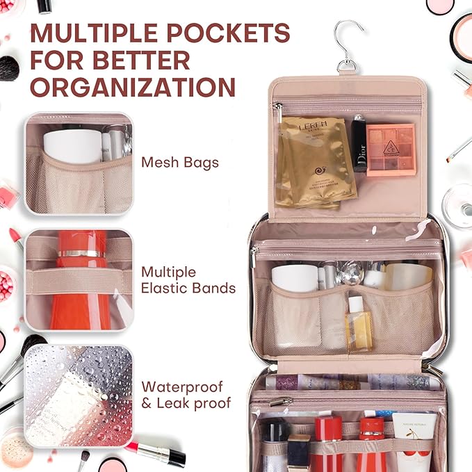 Hanging Toiletry Bag for Women Travel, 2 Sizes Large & Small Waterproof Cosmetic Organizer with 4 Compartments, Rotating Hook, Foldable Pink Travel Bag for Toiletries & Makeup Red Sandalwood