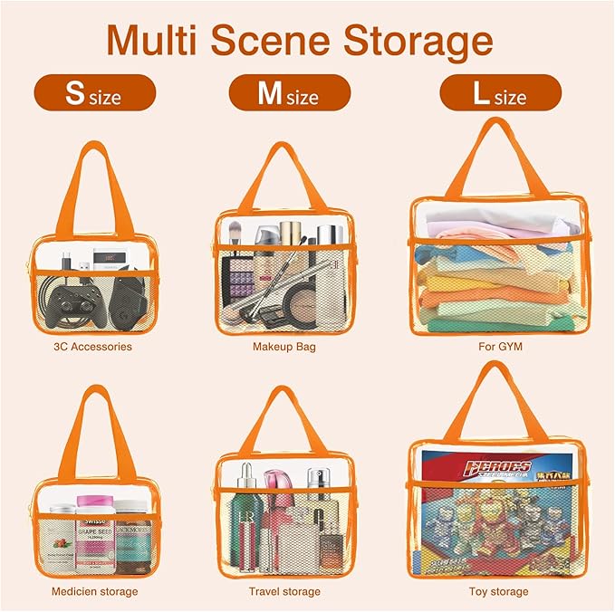 XEWEA Clear Travel Toiletry Bags, 3 Pack TSA Approved Transparent Makeup Bag for Men Women, Large Waterproof PVC Quart Organizer with Zipper for Toiletries Airline Essentials,Toy Storage Pouch Orange