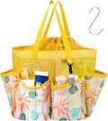 F-color Mesh Shower Caddy Portable with Drawstring - Upgrade Deeper 7 Pockets Dorm Room Essentials for Guys Girls with S Hook, Shower Bag Basket Tote for College Camping Bathroom, Yellow Beach