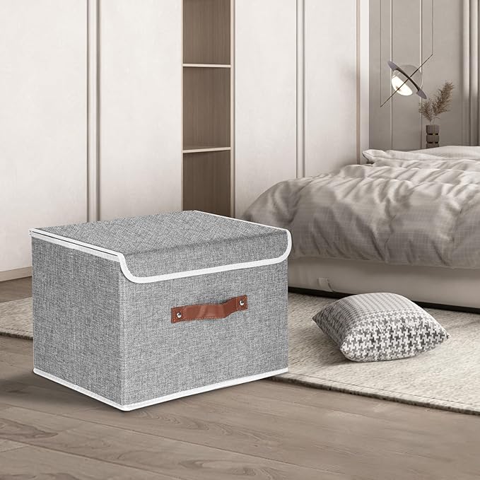 TYEERS Collapsible Storage Boxes, Washable Fabric Storage Bins with Lids, 14.9x9.8x9.8 inches, 3 Pack, Gray