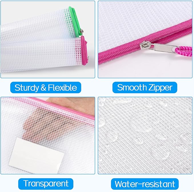 Sooez 14 Pack Mesh Zipper Pouch Bags, A4 Letter Size, Zipper Bags with Label Pocket, Waterproof Pouches for Classroom Organization, Board Game Storage, Document Bag for Teacher School Office Supplies