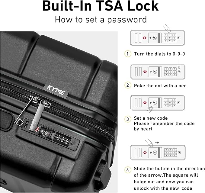 KYME Hardside Carry On Luggage 22x14x9 Airline Approved with TSA Lock Hardshell Carry On Suitcase with Spinner Wheels Travel Rolling 22 Inch Luggage with Cup Holder for Men Women Black