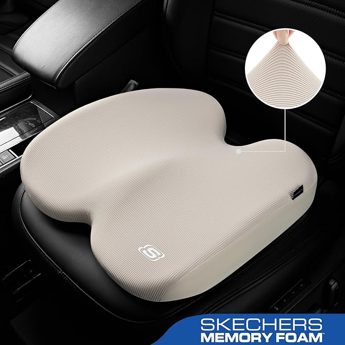 Skechers Memory Foam Seat Cushion,Ribbed Fabric Office Chair Cushion for Tailbone Pain Relief,Butt Pillow for Office Chair,Car Seat Cushion,Long Sitting Office Workers,and Car Drivers,Beige