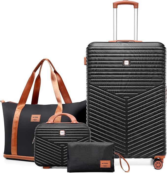Hoteel 4 Piece Luggage Set (4-YEAR WARRANTY) Carry on ABS+PC Hard Shell Suitcase with Spinner Wheels & TSA Lock (Black)