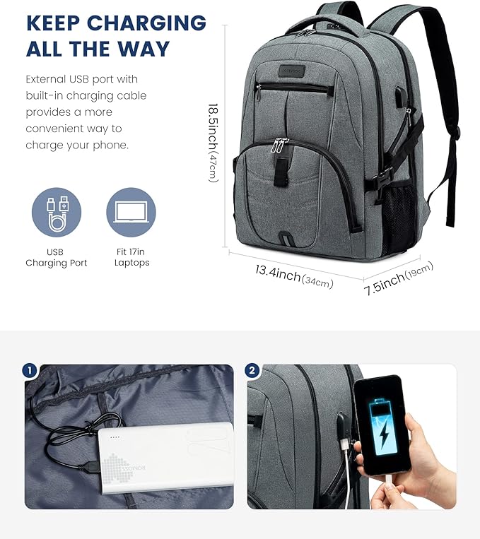 LOVEVOOK 17 inch DarkGrey Travel Laptop Backpack with USB Charging Port, Anti-Theft, Waterproof, Large Computer Business Backpack for Men, College Students
